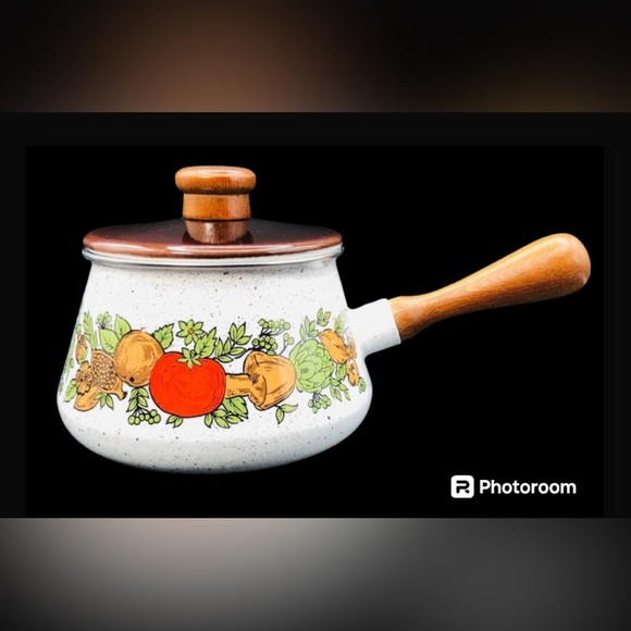 Vtg 70’s Spice Of Life Fondue Pot - Enamelware Vegetable Medley Cottage core - Picture 2 of 12